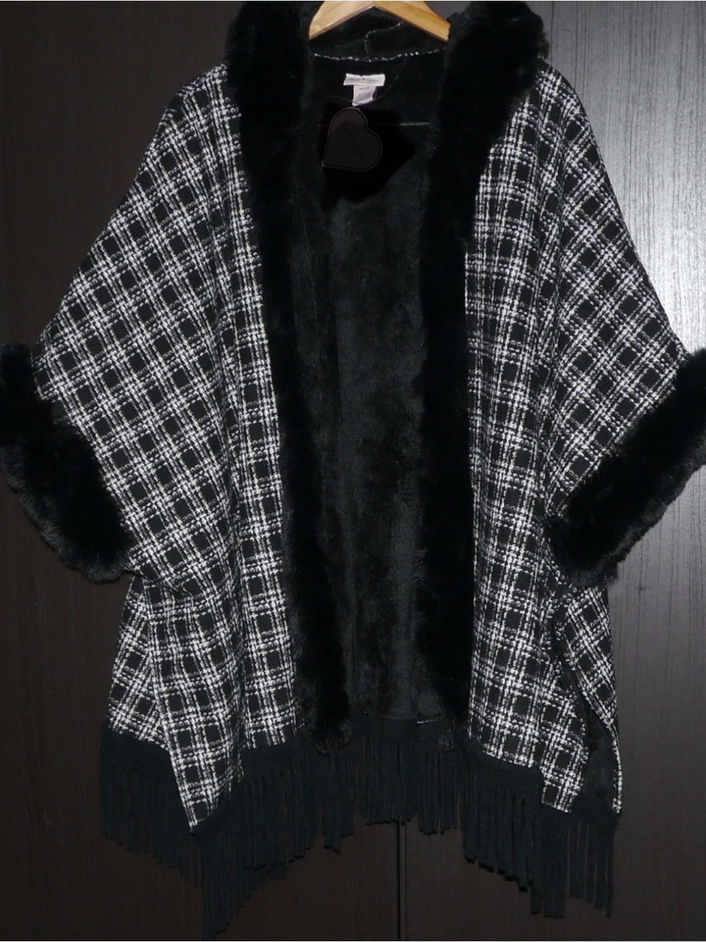 Black & White Plaid Faux-Fur Trim Women's Wrap Sweater Coat New !!!